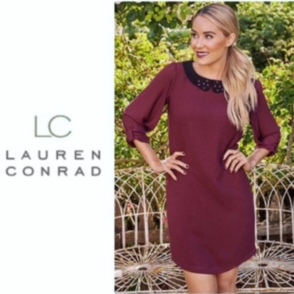 LC Lauren Conrad Bow Sleeve Burgundy Shift Dress - Picture 1 of 13